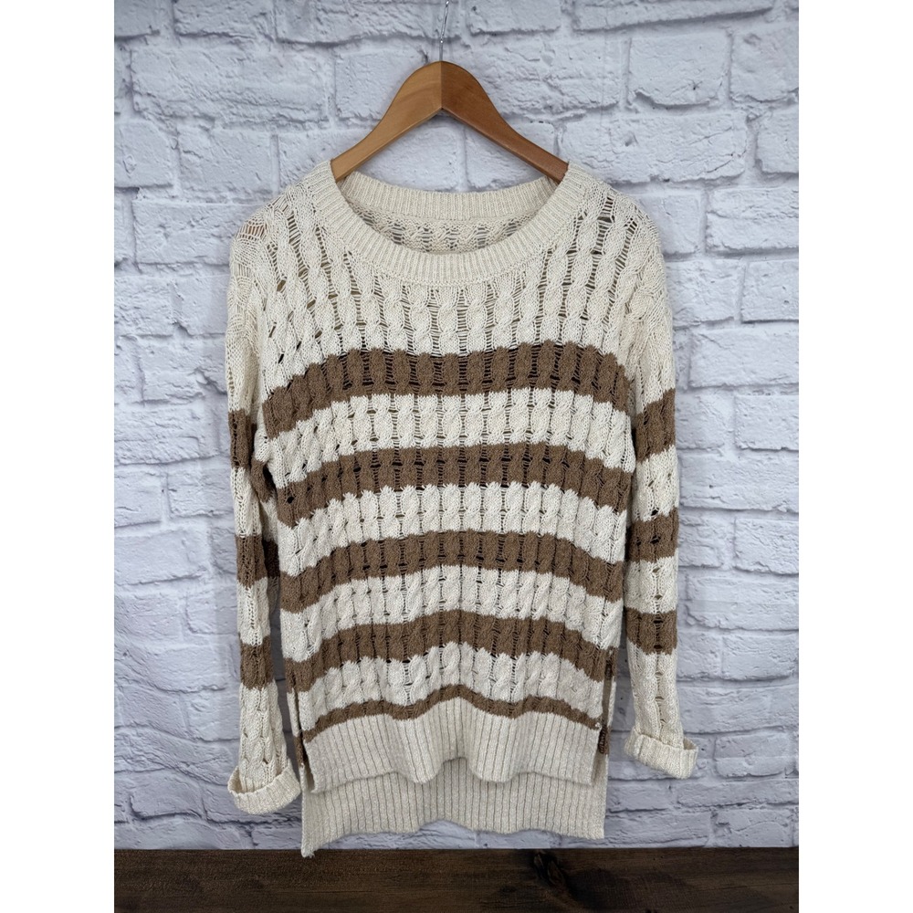 Pilcro Anthropologie Womens XXS Striped Cable Open Knit Pullover Sweater Brown